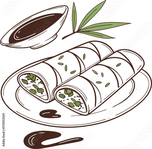 Two spring rolls with soy sauce
