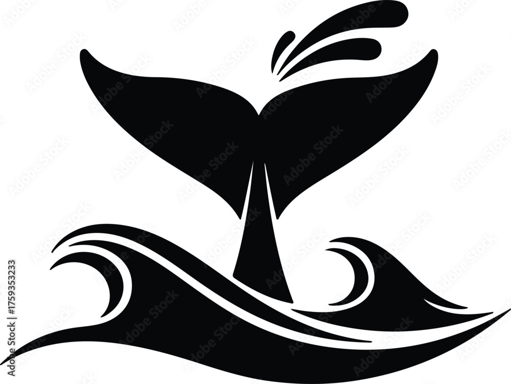 Naklejka premium Vector whale tail rising above ocean waves silhouette illustration
