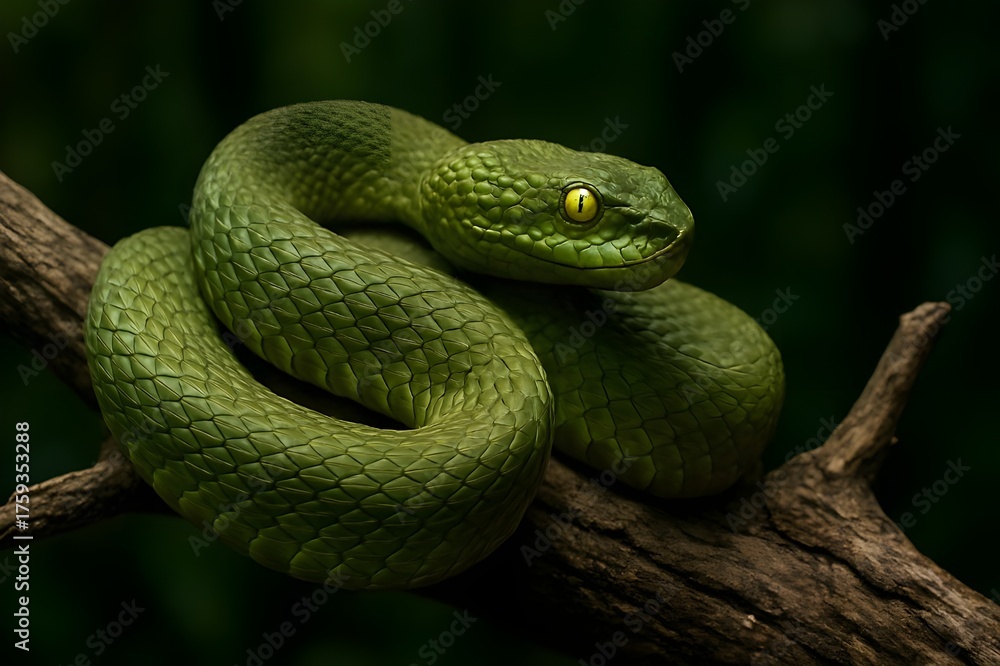 Fototapeta premium Vibrant Green Snake Coiled on Tree Branch – Exotic Reptile Closeup