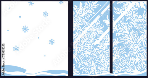 Winter scene with snowflakes falling outside and frost patterns on a window creating a cozy and festive holiday atmosphere perfect for backgrounds