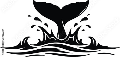 Vector whale tail with water splash sea silhouette illustration