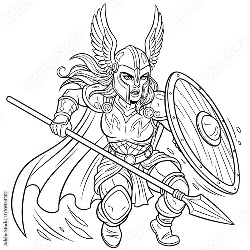 Valkyrie Fierce Warrior Coloring Page for Kids Norse Mythology Winged Female Fighter