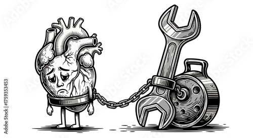Broken Heart Being Shackled to a Heavy Weight with a Wrench