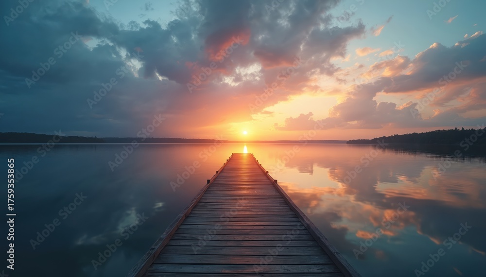 Naklejka premium Wooden dock extends into lake at sunset. Water reflects sky, sun. Serene scene for travel theme, mindfulness meditation concept. Blank area great for wish card invitation background with text space.