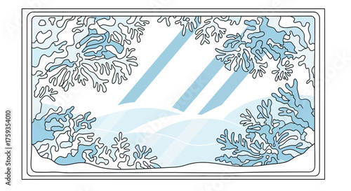 Winter wonderland view through a frosty window pane with snow covered hills and ice crystals creating a beautiful seasonal scene