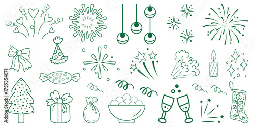 Hand drawn Merry Christmas doodle set. Retro vintage new year party. Christmas tree, gift boxes, stars, winter holiday, champagne, wreath, candle, cake, Christmas toys, bows. Sketch firework party.