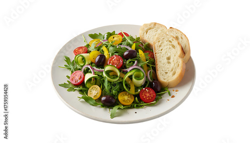 fresh salad with vegetables zucchini rucola and olives with fresh white brad on a plate isolated png file