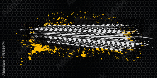 Grunge tire tracks, wheel braking marks. Truck, car or motorcycle tread pattern silhouettes. Auto race, motorsport, speed racing design element. Vector illustration