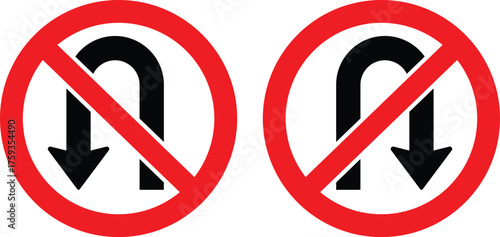 Two red circle no u turn traffic signs with black arrows prohibition restriction