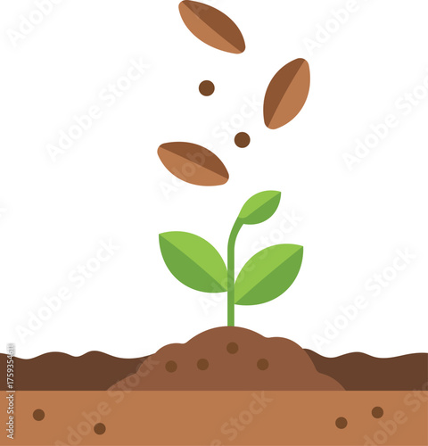 Green sprout growing from brown soil with seeds falling from above seedling plant