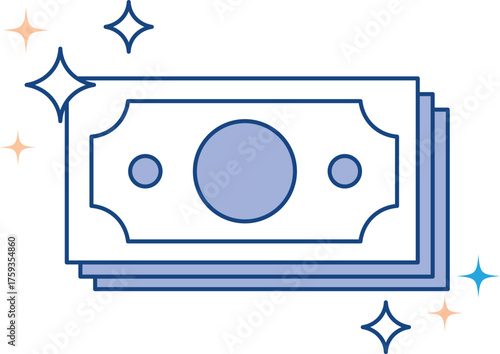 Stack of blue and white stylized banknotes with sparkling stars money cash