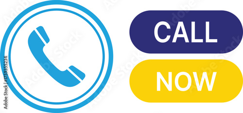 Blue telephone icon and blue yellow call now buttons communication