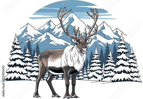 Majestic reindeer standing proudly in a snowy winter landscape with towering mountains and evergreen trees creating a serene arctic wilderness scene