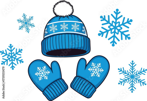 Blue winter hat and mittens with snowflake designs surrounded by snowflakes on a white background creating a festive seasonal illustration
