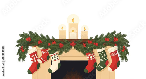 Flat 2D vector illustration of a Christmas celebration scene with a festive fireplace mantel decorated with a green garland and red berries, featuring hanging stockings, against a plain