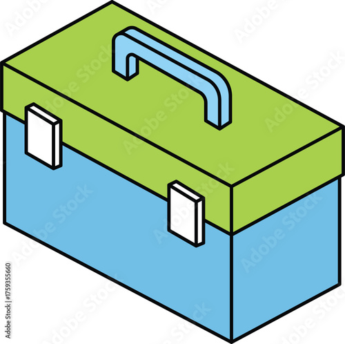 Isometric green and blue closed toolbox with white clasps tool box container