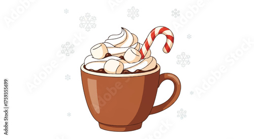 Flat 2D vector illustration of a festive christmas celebration hot chocolate with whipped cream and candy cane on a clean white background.