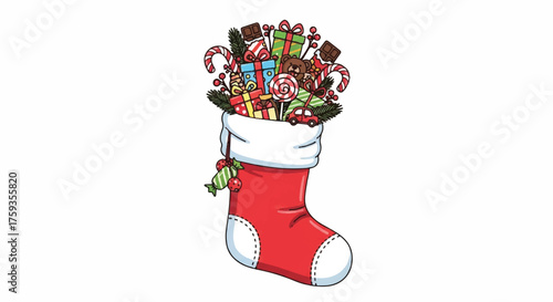 Flat 2D vector illustration of a Christmas stocking filled with candies and chocolates against a plain white background, perfect for holiday celebrations.