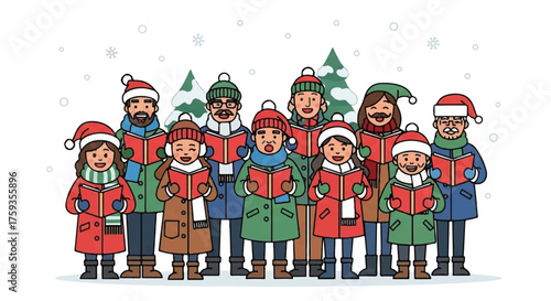 Flat 2D Vector illustration of a diverse group of people wearing winter clothing and Christmas hats, standing together in a festive christmas celebration against a clean white background