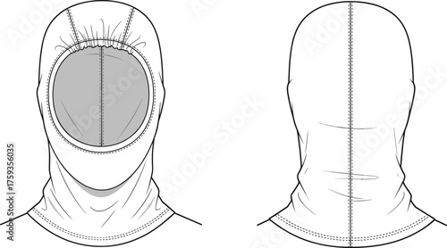 cad drawing flat vector illustration, balaclava front and back view, technical fashion sketch, headwear design template, protective face cover mockup