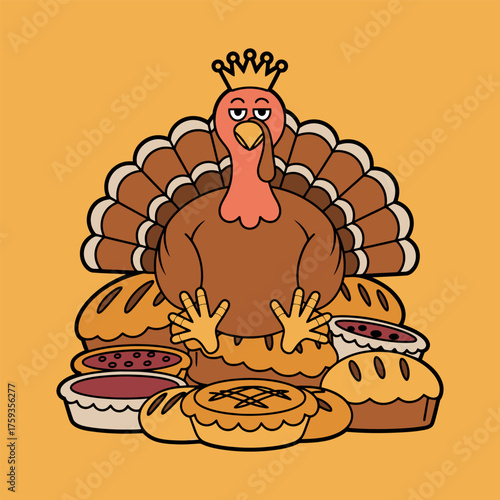 Thanksgiving Turkey King with Pies Cartoon Illustration
