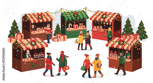 Flat 2D vector illustration of a vibrant Christmas celebration with people walking around stalls in a festive market setting.