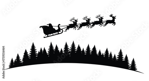 Flat 2D Vector illustration of a Christmas celebration scene with Santa's sleigh and reindeer flying over a forest silhouette against a white background.