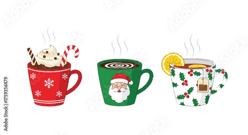 Flat 2D vector illustration of three festive Christmas celebration mugs with hot chocolate and marshmallows on a plain white background.