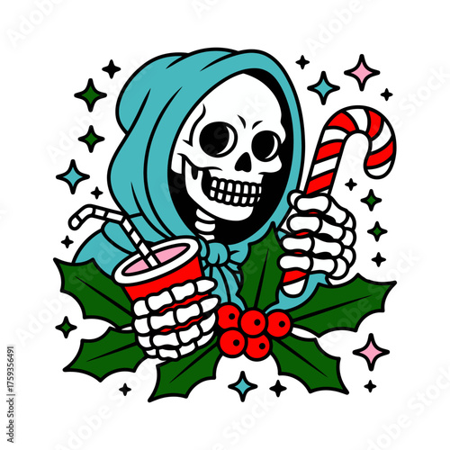 Funny Grim Reaper with Candy Cane Christmas Illustration