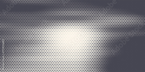 Hexagon halftone gradient texture. Abstract black grunge background. Geometric retro halftone tech overlay. Fading wavy hexagonal pattern backdrop. Vector vanishing honeycomb grunge bitmap wallpaper