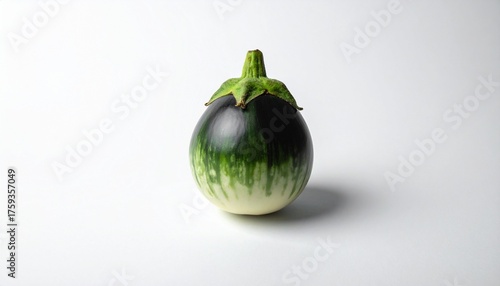 “Single horizontal eggplant with glossy dark purple skin and green calyx on white surface and background”