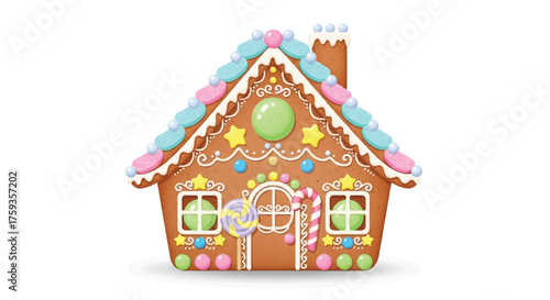 Colorful gingerbread house with icing decorations on a white background, conveying a festive Christmas celebration mood.
