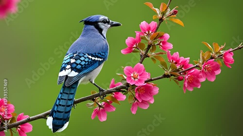 Colorful bird perched on flowering branch against soft green background