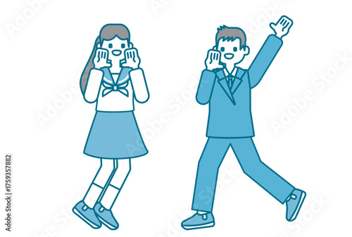 笑顔で呼びかける男女の中高生のイラスト