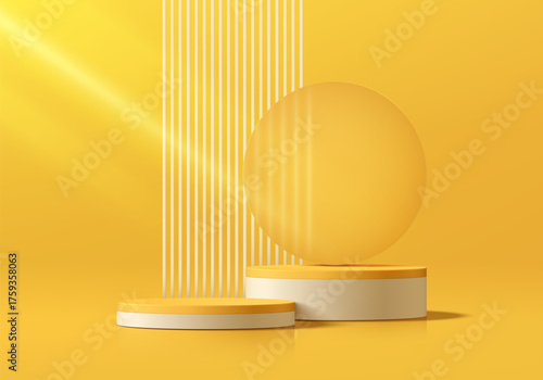 Yellow 3D cylindrical podium background with round glass, Vertical stripes wall scene. Minimalist mockup pedestal, Abstract stand product display presentation, Stage showcase. Platforms vector design.