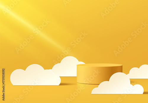 Yellow 3D cylindrical podium background with white cloud paper cut style wall scene. Minimalist mockup pedestal. Abstract stands product display presentation, Stage showcase. Platforms vector design.