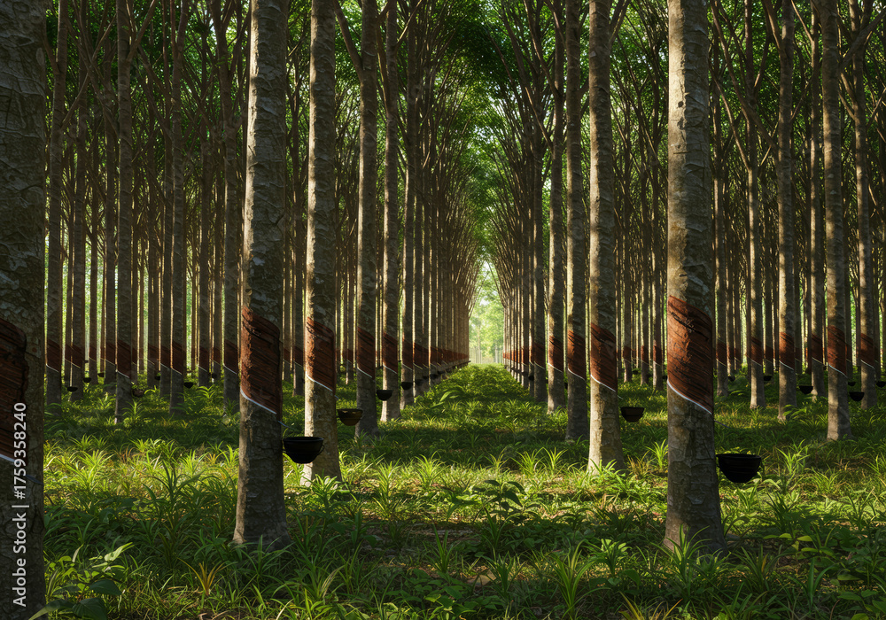 Obraz premium Rubber tree plantation with rows of trees and latex collection cups.
