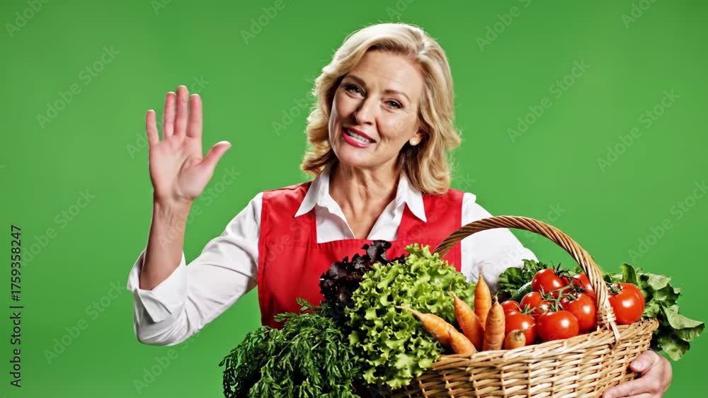 Woman with basket of vegetables waving in front of green screen