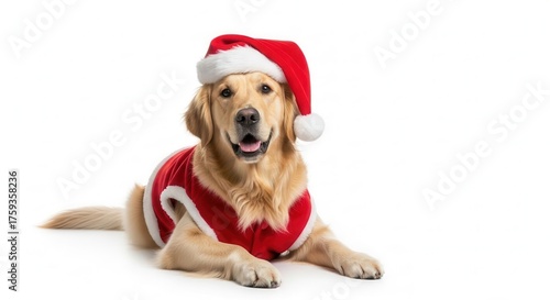 Golden retriever with santa hat isolated on white background