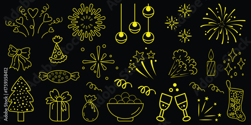 Hand drawn Merry Christmas doodle set. Retro vintage new year party. Christmas tree, gift boxes, stars, winter holiday, champagne, wreath, candle, cake, Christmas toys, bows. Sketch firework party.