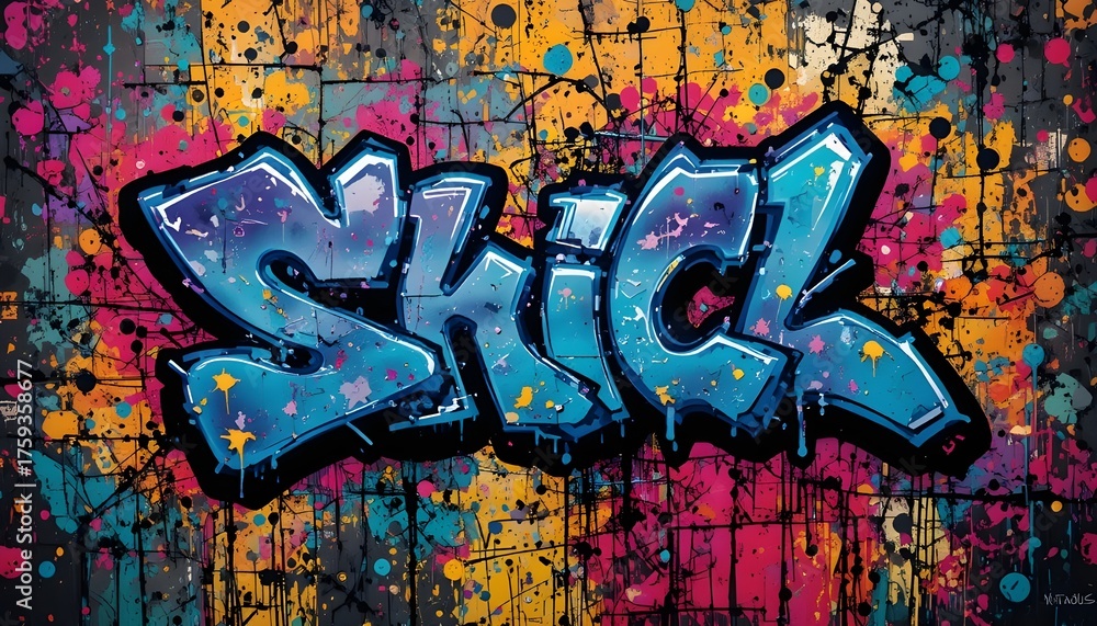 Naklejka premium Colorful Cartoon Graffiti Music Wallpaper with Grunge Texture and Urban Street Art Style Illustration