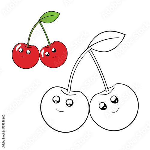 Two plump cherries hang side by side, joined by a curved stem and a single leafy twig. Simple outlines make this coloring page fun for kids to fill with bright, sweet shades.
