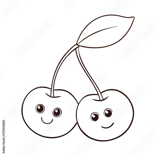 Two plump cherries hang side by side, joined by a curved stem and a single leafy twig. Simple outlines make this coloring page fun for kids to fill with bright, sweet shades.
