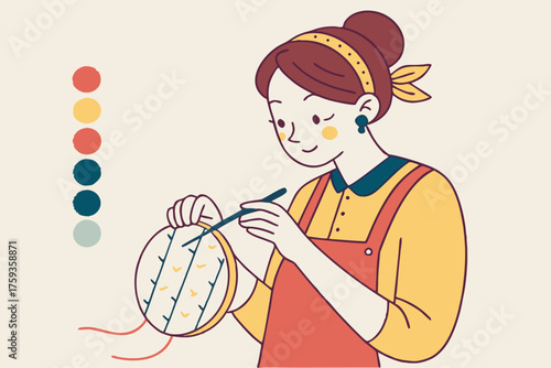 Woman embroidering with needle and thread in flat illustration style