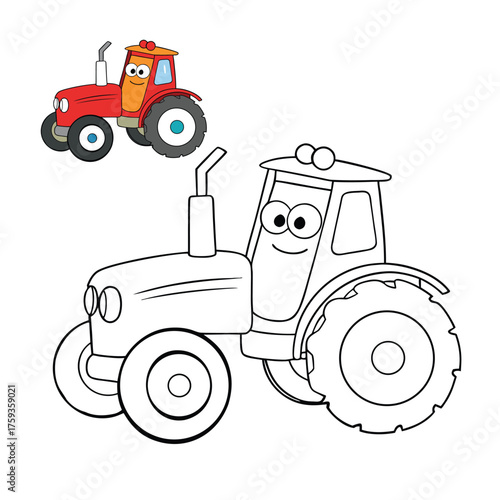 A cheerful farm tractor with big wheels and playful details, ready to roll across the fields—perfect for kids to color and bring the farm to life!
