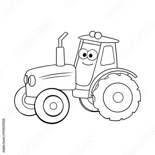 A cheerful farm tractor with big wheels and playful details, ready to roll across the fields—perfect for kids to color and bring the farm to life!
