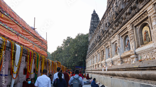 India, Bihar, Gaya, The View of Sacred Mahabodhi Temple, the Place Where Lord Buddha gained enlightenment Under The Bodhi Tree. Bodhgaya. Sacred Buddhist Place.