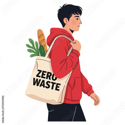 Young Man Carrying Reusable Tote Bag with Zero Waste Message