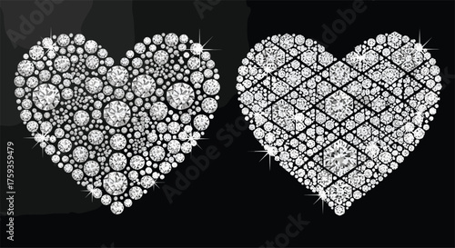 Diamond heart shapes, luxury gem design, sparkling crystal texture, abstract brilliance, black background, round and grid pattern, elegant gemstone art