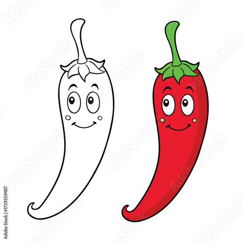 A bold red hot chili pepper design ready to color, showing its curved shape, pointed tip, and stem. Perfect for adding fiery shades and learning about spicy vegetables.
